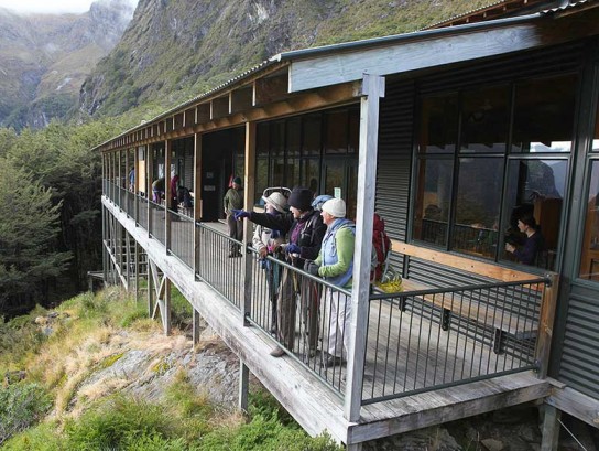 On the veranda of Routeburn Falls Hut.