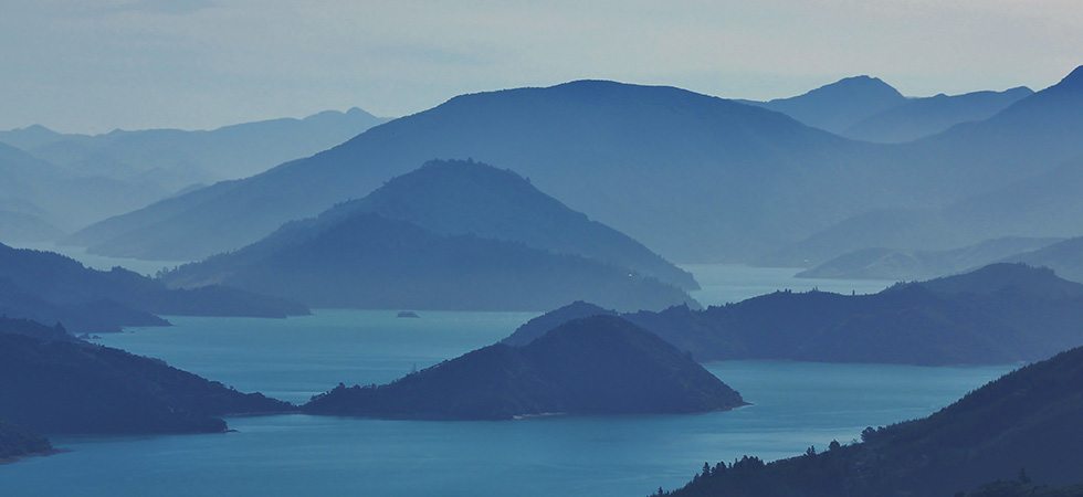 View of misty islands and bays