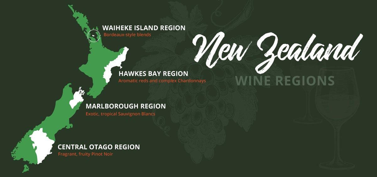A useful map of the four wine regions we visit on our trips. Map of 4 wine regions in New Zealand